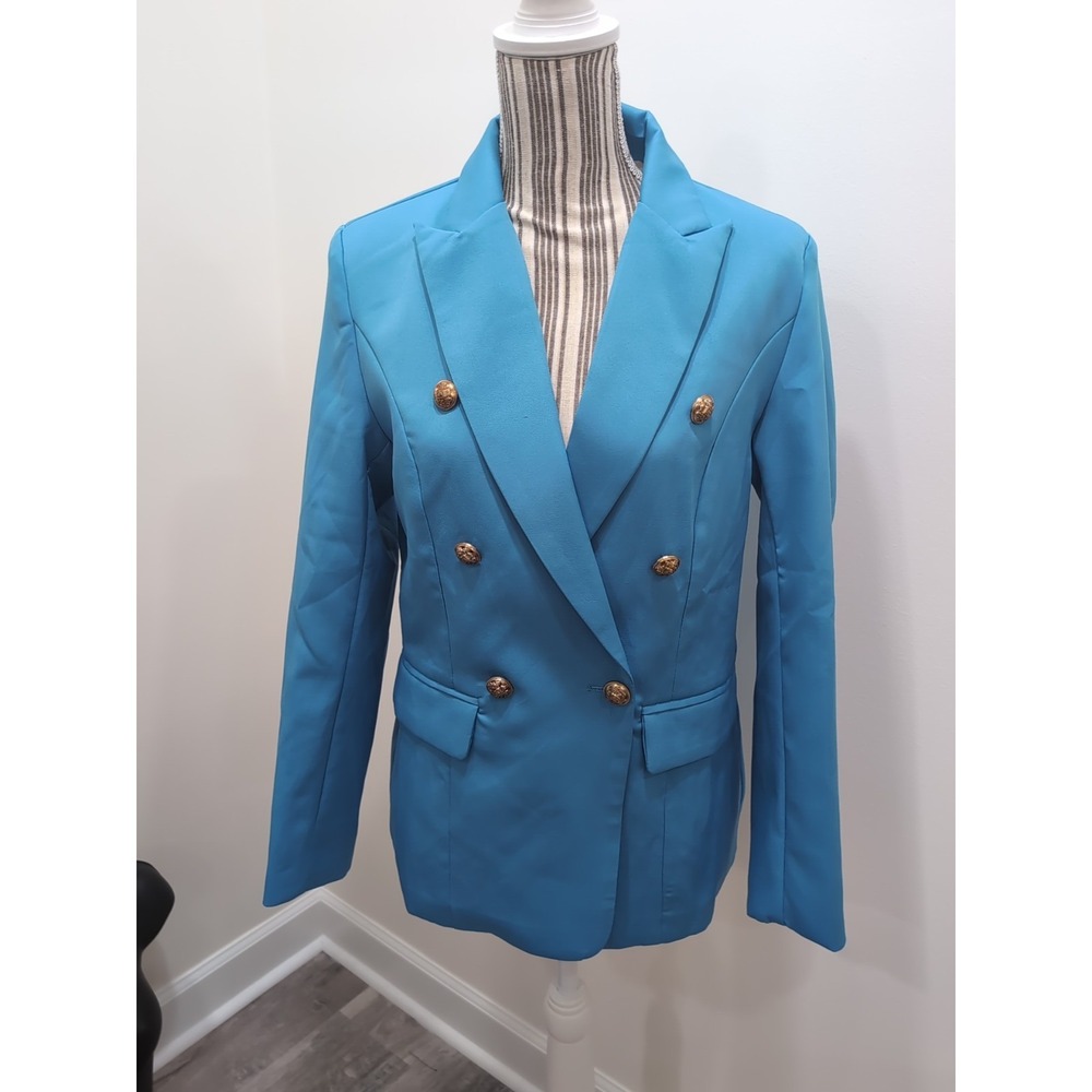 Sunday Up Women's Blue Double Breasted Blazer‎ Gold Buttons Size Medium Preppy